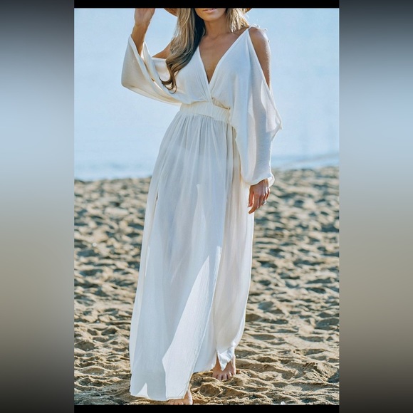 Cold Shoulder Maxi Beach Cover Up Dress Extra Large White EUC LIKE NEW - Picture 2 of 15